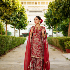 Women Muslin Floral Embroidered Cut Work Kurta  With Gota Lace & Sequin Chiffon Sharara Dupatta Set