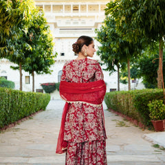 Women Muslin Floral Embroidered Cut Work Kurta  With Gota Lace & Sequin Chiffon Sharara Dupatta Set