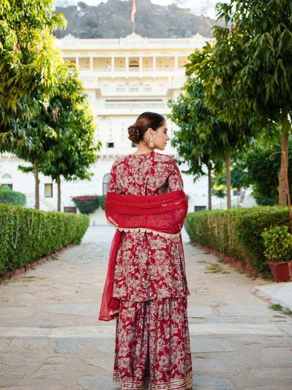 Women Muslin Floral Embroidered Cut Work Kurta  With Gota Lace & Sequin Chiffon Sharara Dupatta Set
