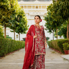Women Muslin Floral Embroidered Cut Work Kurta  With Gota Lace & Sequin Chiffon Sharara Dupatta Set