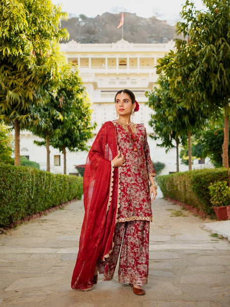 Women Muslin Floral Embroidered Cut Work Kurta  With Gota Lace & Sequin Chiffon Sharara Dupatta Set
