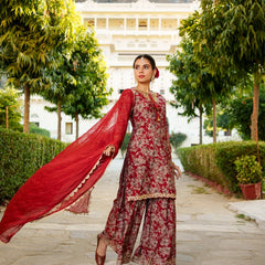 Women Muslin Floral Embroidered Cut Work Kurta  With Gota Lace & Sequin Chiffon Sharara Dupatta Set