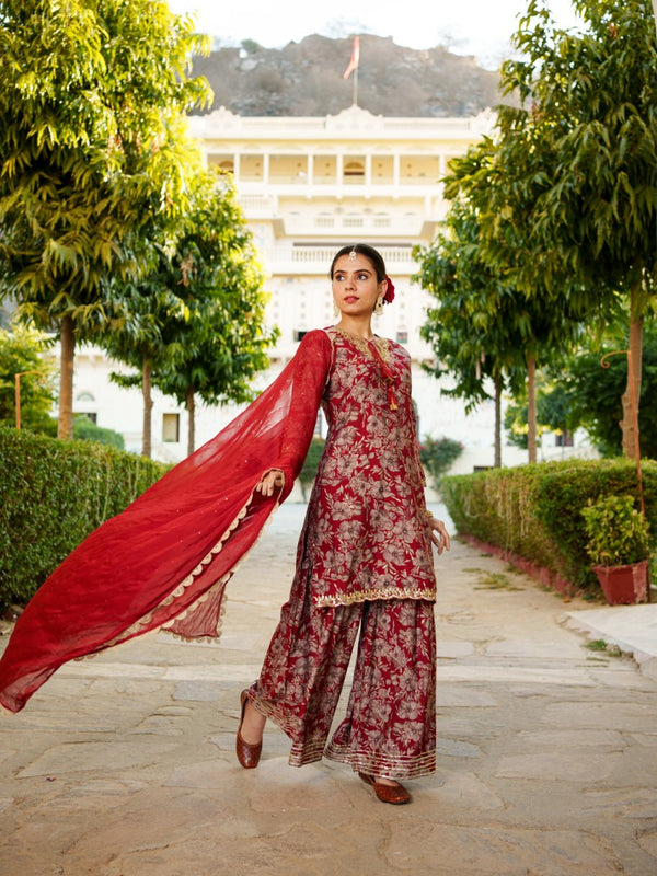 Women Muslin Floral Embroidered Cut Work Kurta  With Gota Lace & Sequin Chiffon Sharara Dupatta Set