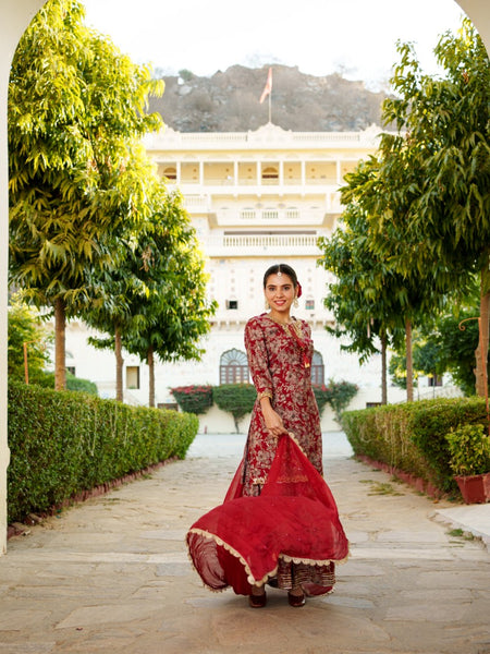 Women Muslin Floral Embroidered Cut Work Kurta  With Gota Lace & Sequin Chiffon Sharara Dupatta Set