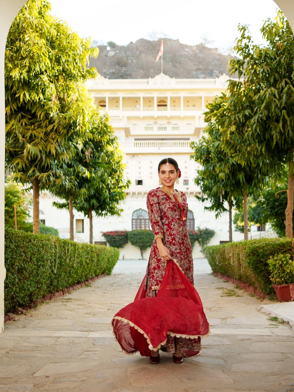 Women Muslin Floral Embroidered Cut Work Kurta  With Gota Lace & Sequin Chiffon Sharara Dupatta Set