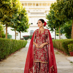 Women Muslin Floral Embroidered Cut Work Kurta  With Gota Lace & Sequin Chiffon Sharara Dupatta Set