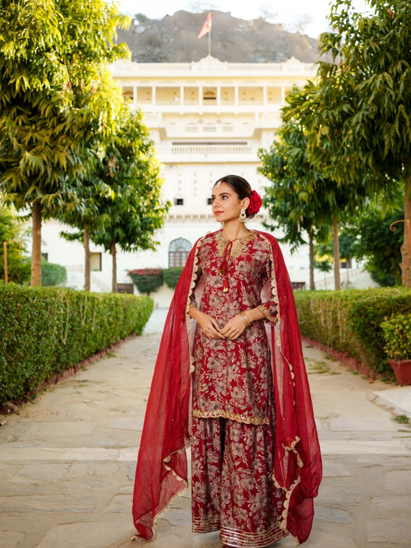 Women Muslin Floral Embroidered Cut Work Kurta  With Gota Lace & Sequin Chiffon Sharara Dupatta Set