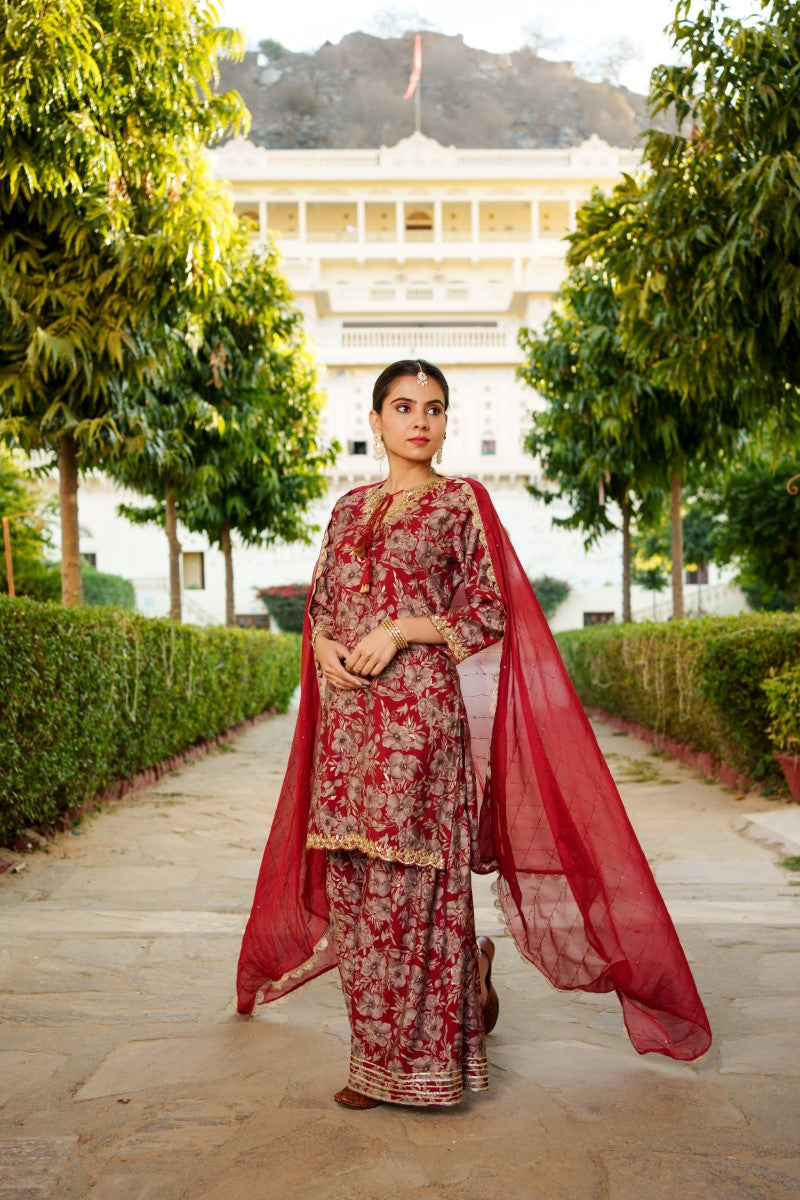 Women Muslin Floral Embroidered Cut Work Kurta  With Gota Lace & Sequin Chiffon Sharara Dupatta Set