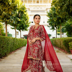 Women Muslin Floral Embroidered Cut Work Kurta  With Gota Lace & Sequin Chiffon Sharara Dupatta Set