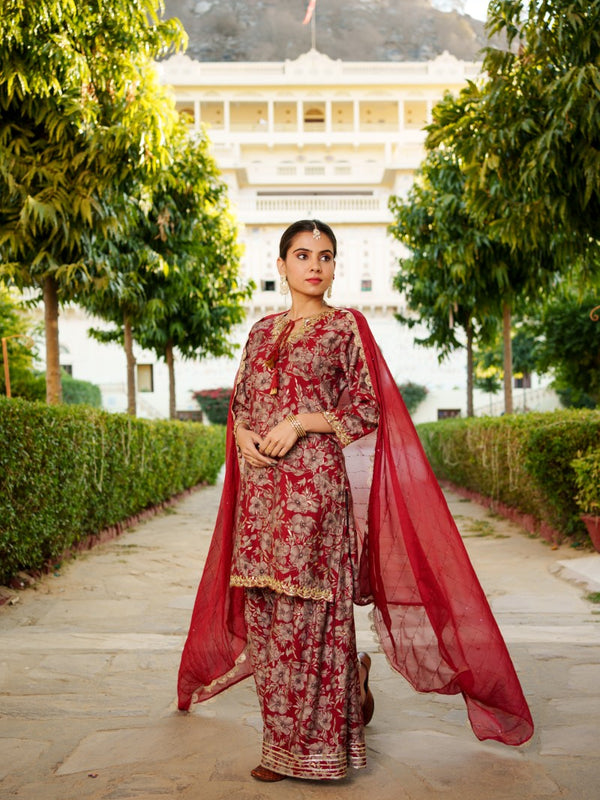 Women Muslin Floral Embroidered Cut Work Kurta  With Gota Lace & Sequin Chiffon Sharara Dupatta Set