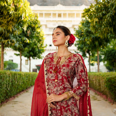 Women Muslin Floral Embroidered Cut Work Kurta  With Gota Lace & Sequin Chiffon Sharara Dupatta Set