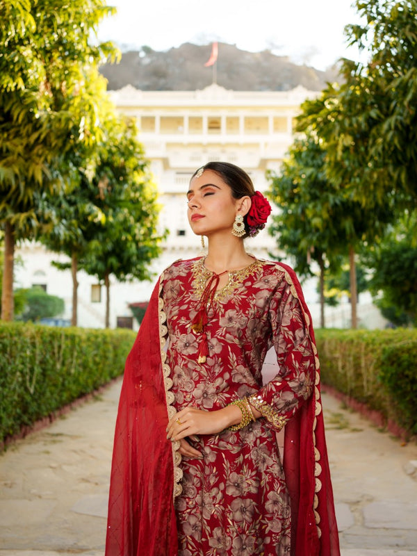 Women Muslin Floral Embroidered Cut Work Kurta  With Gota Lace & Sequin Chiffon Sharara Dupatta Set
