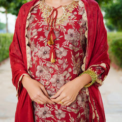 Women Muslin Floral Embroidered Cut Work Kurta  With Gota Lace & Sequin Chiffon Sharara Dupatta Set