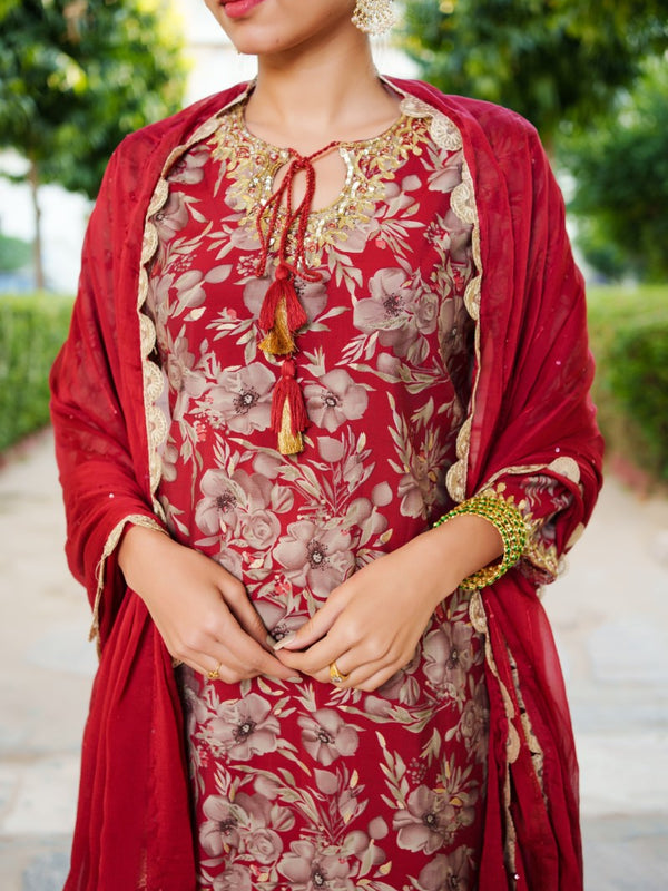 Women Muslin Floral Embroidered Cut Work Kurta  With Gota Lace & Sequin Chiffon Sharara Dupatta Set