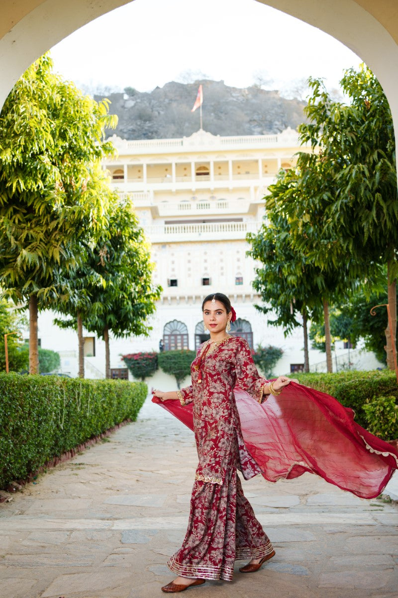 Women Muslin Floral Embroidered Cut Work Kurta  With Gota Lace & Sequin Chiffon Sharara Dupatta Set