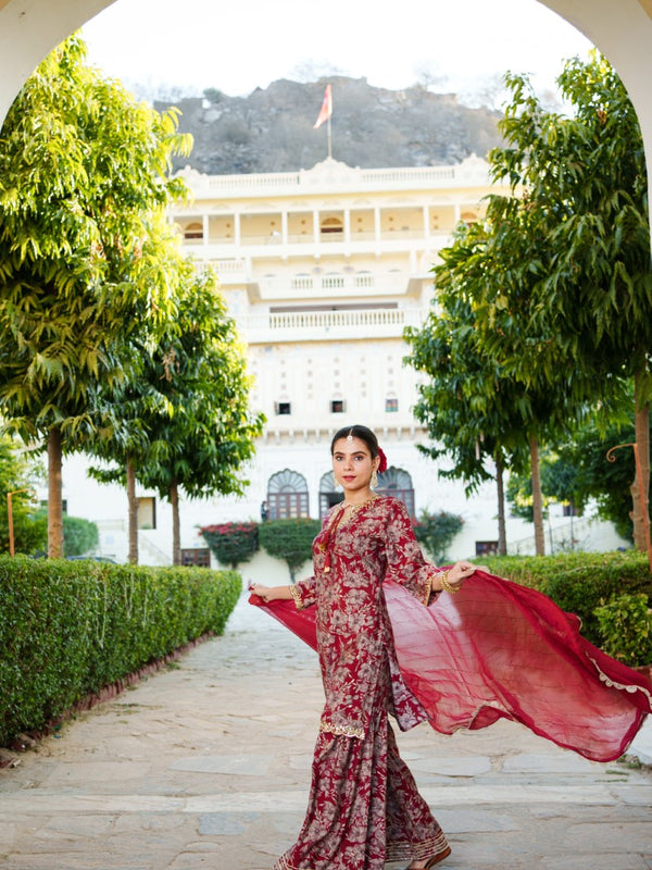 Women Muslin Floral Embroidered Cut Work Kurta  With Gota Lace & Sequin Chiffon Sharara Dupatta Set