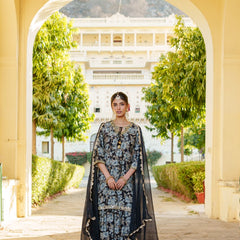 Women Muslin Floral Embroidered Cut Work Kurta  With Gota Lace & Sequin Chiffon Sharara Dupatta Set