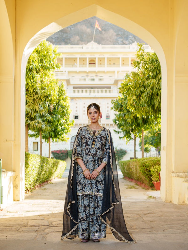 Women Muslin Floral Embroidered Cut Work Kurta  With Gota Lace & Sequin Chiffon Sharara Dupatta Set
