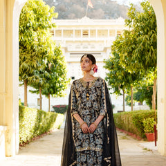 Women Muslin Floral Embroidered Cut Work Kurta  With Gota Lace & Sequin Chiffon Sharara Dupatta Set