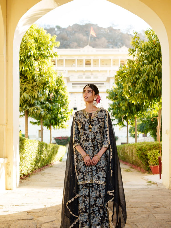 Women Muslin Floral Embroidered Cut Work Kurta  With Gota Lace & Sequin Chiffon Sharara Dupatta Set