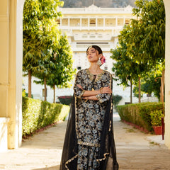 Women Muslin Floral Embroidered Cut Work Kurta  With Gota Lace & Sequin Chiffon Sharara Dupatta Set