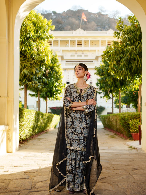 Women Muslin Floral Embroidered Cut Work Kurta  With Gota Lace & Sequin Chiffon Sharara Dupatta Set