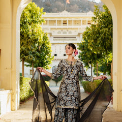 Women Muslin Floral Embroidered Cut Work Kurta  With Gota Lace & Sequin Chiffon Sharara Dupatta Set