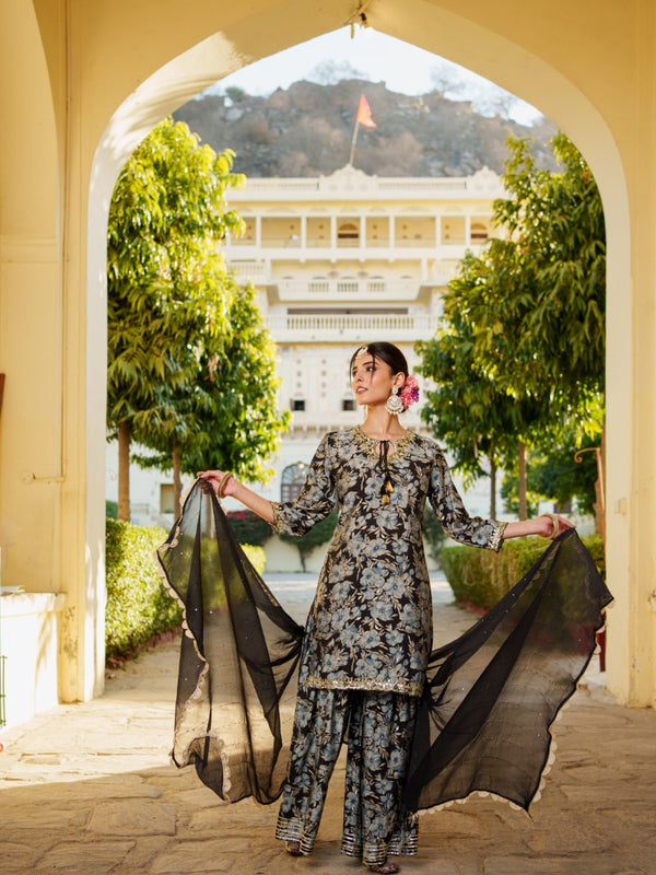 Women Muslin Floral Embroidered Cut Work Kurta  With Gota Lace & Sequin Chiffon Sharara Dupatta Set