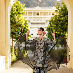 Women Muslin Floral Embroidered Cut Work Kurta  With Gota Lace & Sequin Chiffon Sharara Dupatta Set