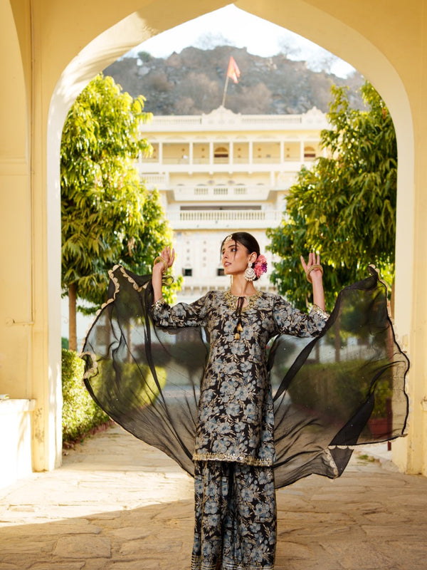 Women Muslin Floral Embroidered Cut Work Kurta  With Gota Lace & Sequin Chiffon Sharara Dupatta Set