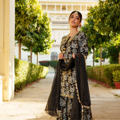 Women Muslin Floral Embroidered Cut Work Kurta  With Gota Lace & Sequin Chiffon Sharara Dupatta Set