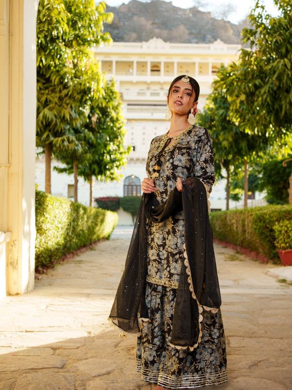 Women Muslin Floral Embroidered Cut Work Kurta  With Gota Lace & Sequin Chiffon Sharara Dupatta Set