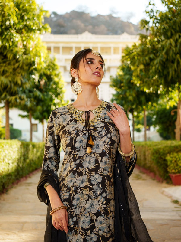 Women Muslin Floral Embroidered Cut Work Kurta  With Gota Lace & Sequin Chiffon Sharara Dupatta Set