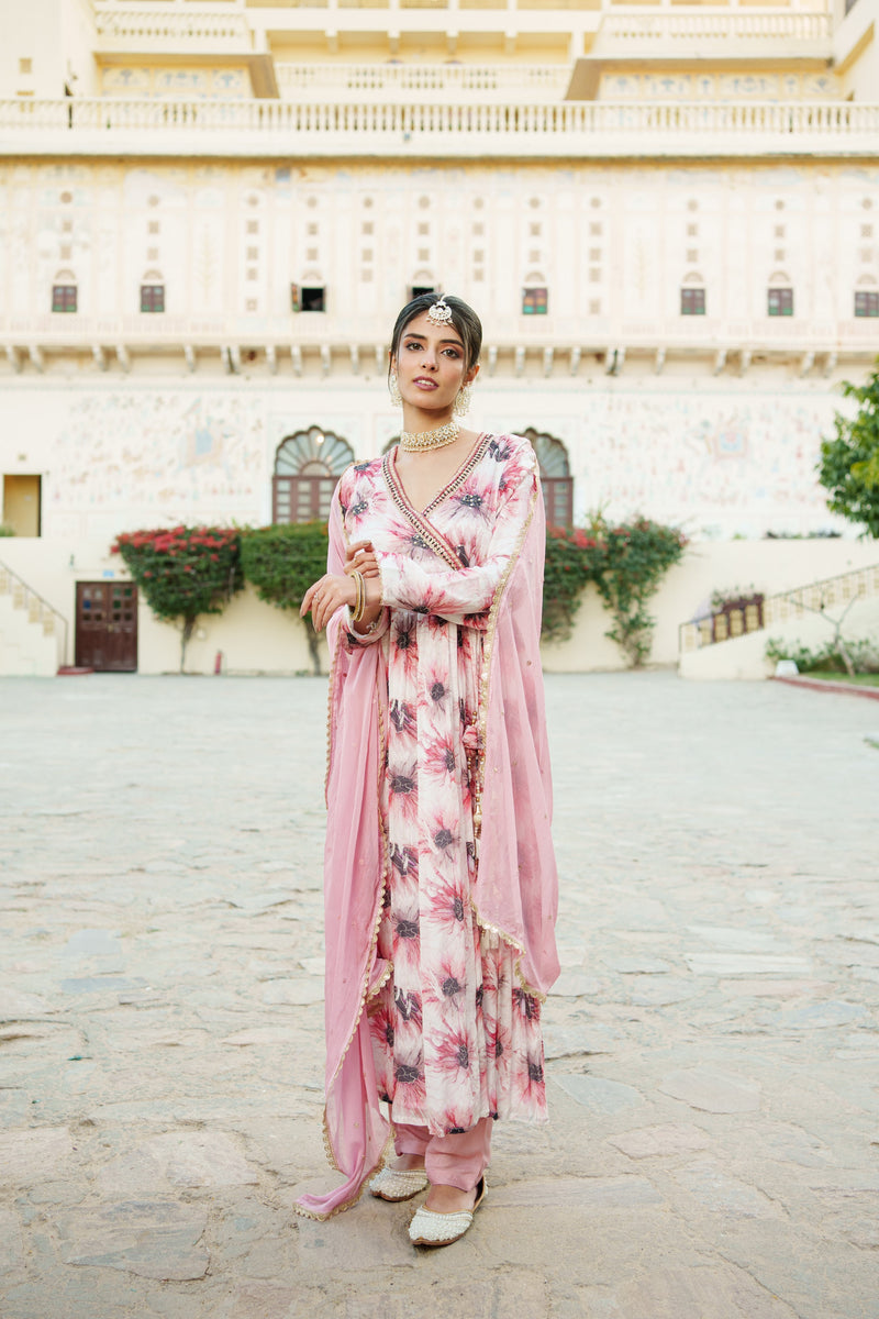 White Chinon Floral Embroidered Angrakha Anarkali  with solid bottom & sequin chiffon dupatta set