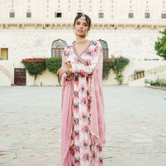 White Chinon Floral Embroidered Angrakha Anarkali  with solid bottom & sequin chiffon dupatta set