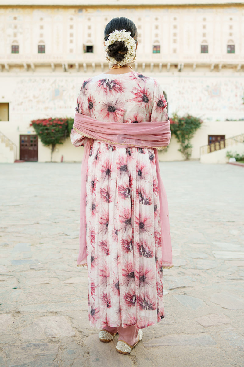 White Chinon Floral Embroidered Angrakha Anarkali  with solid bottom & sequin chiffon dupatta set