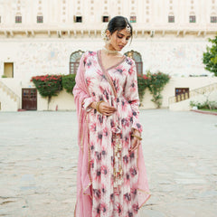 White Chinon Floral Embroidered Angrakha Anarkali  with solid bottom & sequin chiffon dupatta set