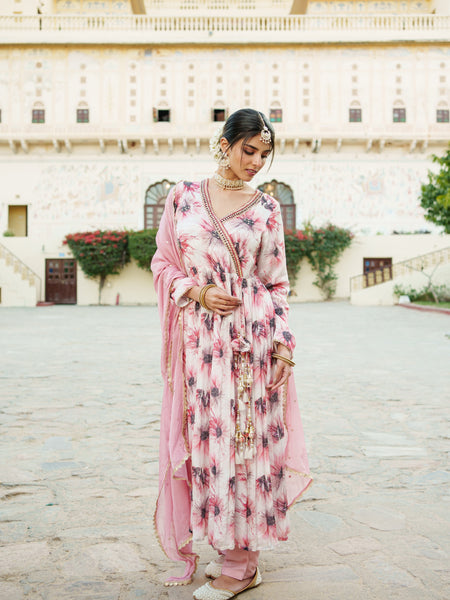 White Chinon Floral Embroidered Angrakha Anarkali  with solid bottom & sequin chiffon dupatta set
