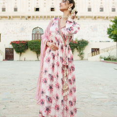 White Chinon Floral Embroidered Angrakha Anarkali  with solid bottom & sequin chiffon dupatta set