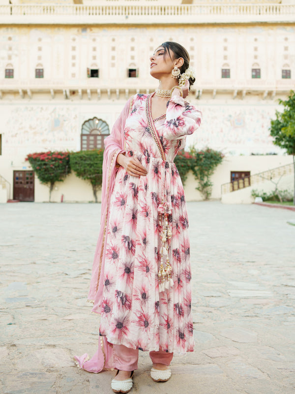 White Chinon Floral Embroidered Angrakha Anarkali  with solid bottom & sequin chiffon dupatta set