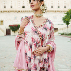 White Chinon Floral Embroidered Angrakha Anarkali  with solid bottom & sequin chiffon dupatta set