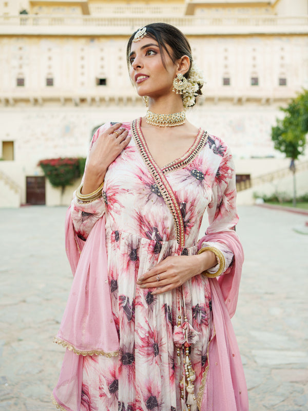 White Chinon Floral Embroidered Angrakha Anarkali  with solid bottom & sequin chiffon dupatta set