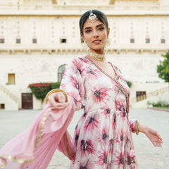 White Chinon Floral Embroidered Angrakha Anarkali  with solid bottom & sequin chiffon dupatta set