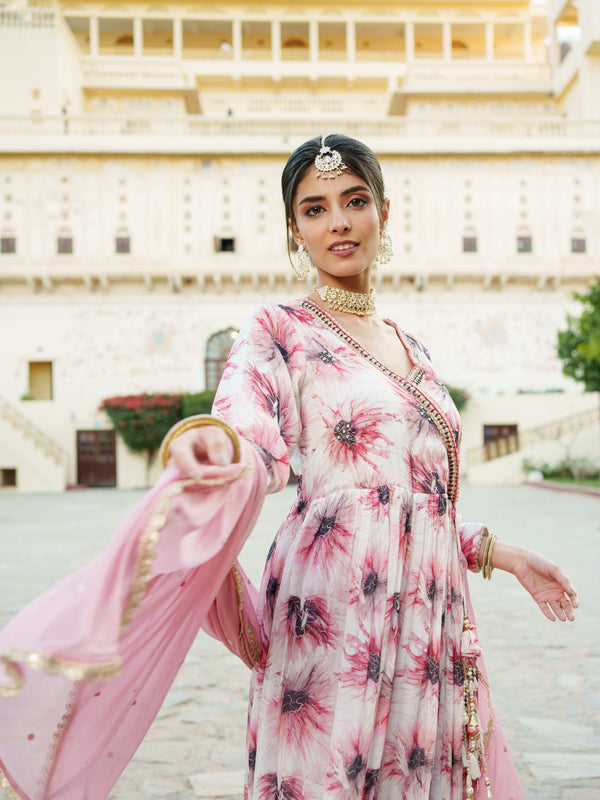 White Chinon Floral Embroidered Angrakha Anarkali  with solid bottom & sequin chiffon dupatta set