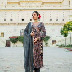 Black Chinon Floral Embroidered Angrakha Anarkali  with solid bottom & sequin chiffon dupatta set