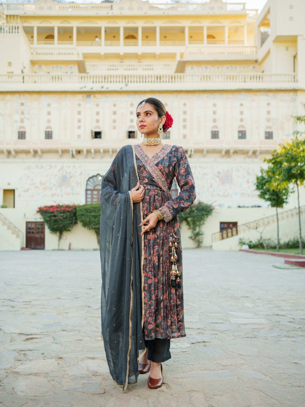 Black Chinon Floral Embroidered Angrakha Anarkali  with solid bottom & sequin chiffon dupatta set