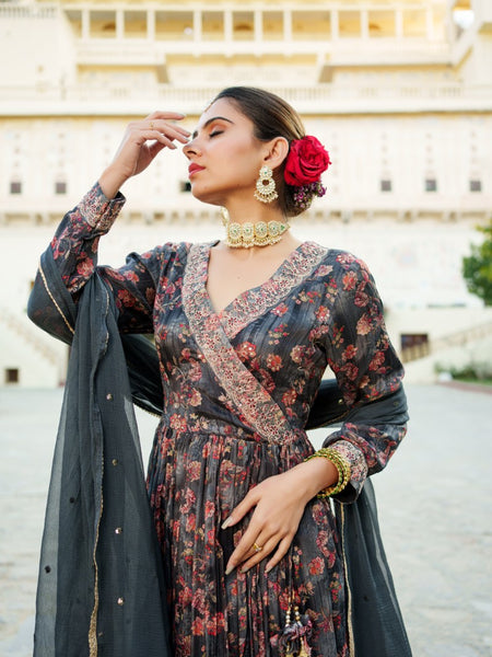 Black Chinon Floral Embroidered Angrakha Anarkali  with solid bottom & sequin chiffon dupatta set