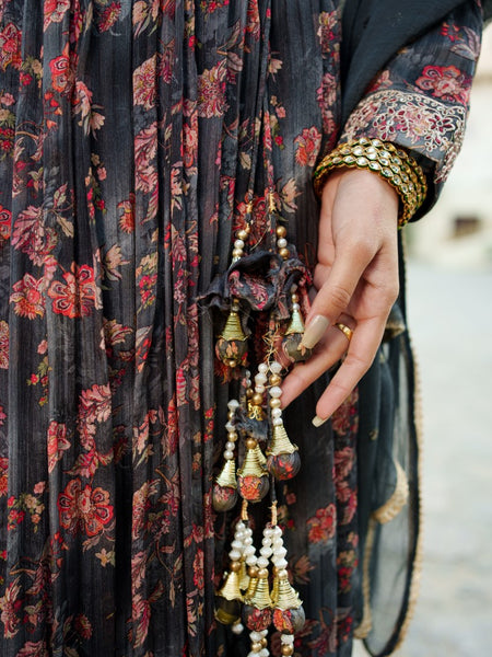 Black Chinon Floral Embroidered Angrakha Anarkali  with solid bottom & sequin chiffon dupatta set