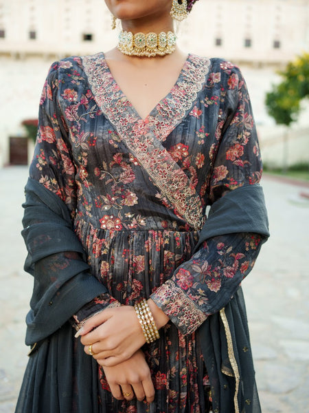 Black Chinon Floral Embroidered Angrakha Anarkali  with solid bottom & sequin chiffon dupatta set