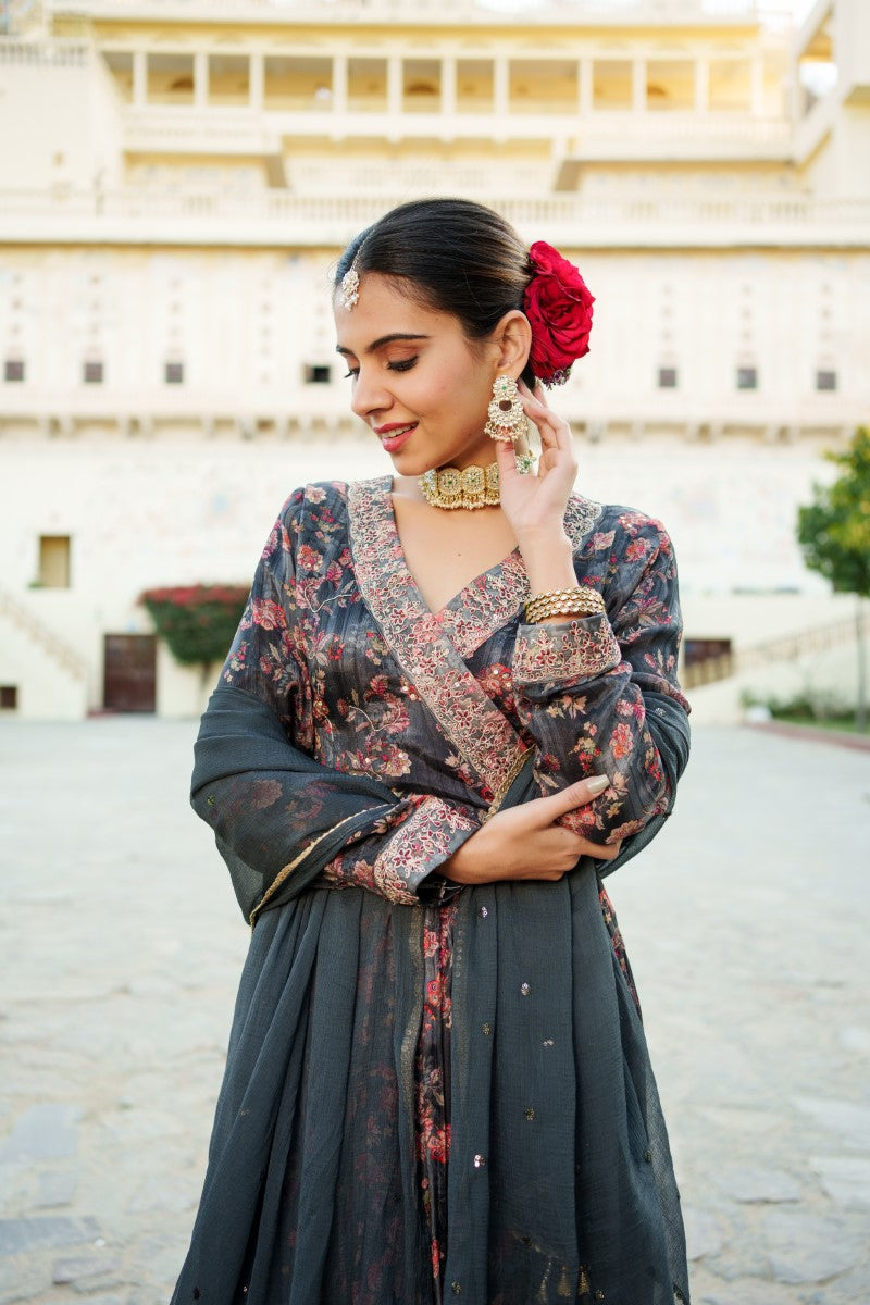 Black Chinon Floral Embroidered Angrakha Anarkali  with solid bottom & sequin chiffon dupatta set